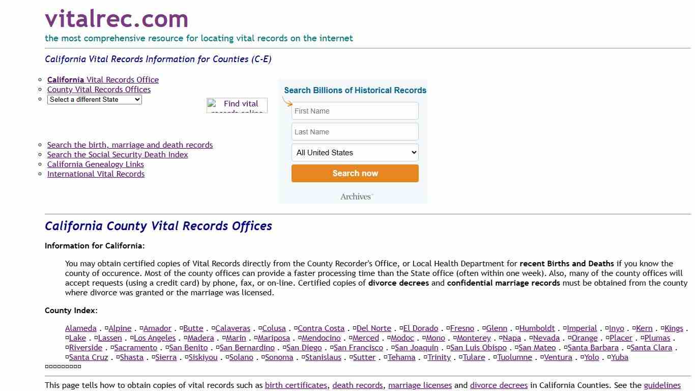 California Counties Birth Certificate, Death Record, Marriage License and More (C-E)